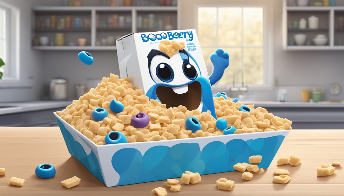 A box of Boo Berry cereal sits on a kitchen counter, surrounded by spilled cereal pieces and a half-empty milk carton