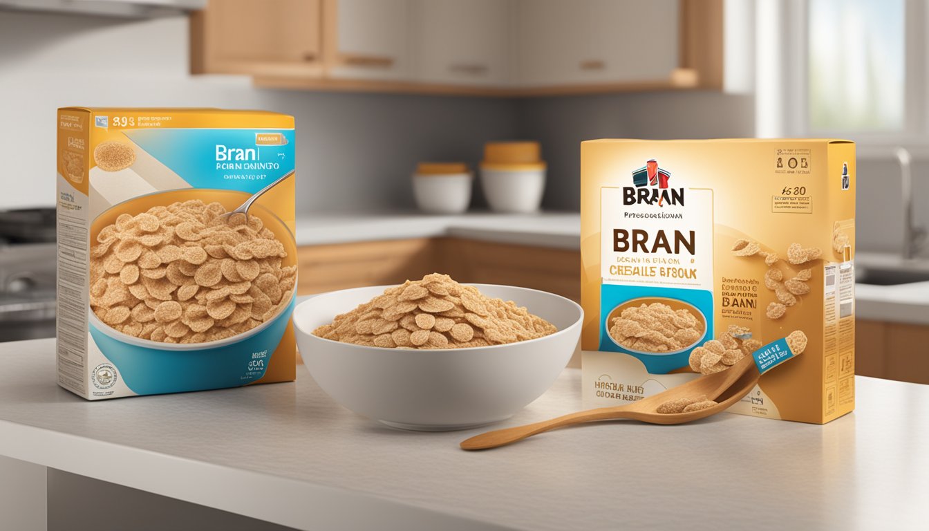 A box of bran cereal sits on a kitchen counter, surrounded by a bowl and spoon. The expiration date is visible on the packaging