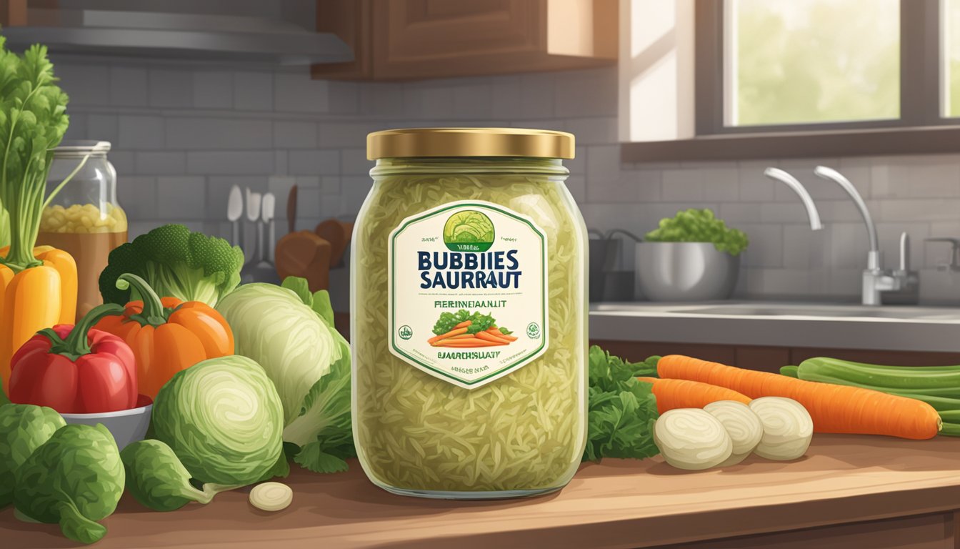 A jar of Bubbies Naturally Fermented Sauerkraut sits on a kitchen counter, surrounded by fresh vegetables. The jar is unopened and the label indicates that the sauerkraut has a long shelf life