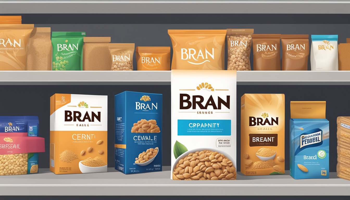 A sealed box of bran cereal sits on a pantry shelf next to other dry goods. The pantry is organized and clean, with proper labeling and storage practices in place