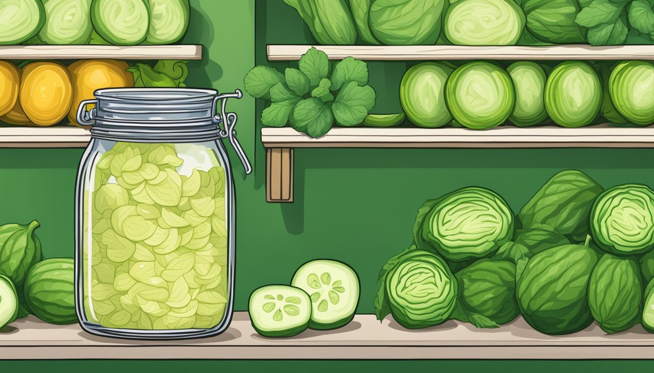 A jar of Bubbies Naturally Fermented Sauerkraut sits on a kitchen shelf, surrounded by fresh cabbage and a vibrant green cucumber