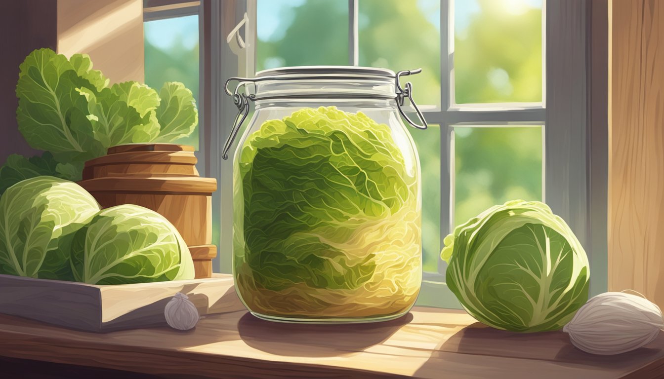 A jar of Bubbies Sauerkraut sits on a wooden shelf, surrounded by cabbage, salt, and other natural ingredients. Sunlight streams in through a nearby window, casting a warm glow on the scene