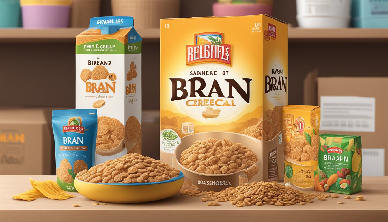 A box of bran cereal sits on a shelf, surrounded by other food items. The packaging is intact and unopened, suggesting freshness and a long shelf life