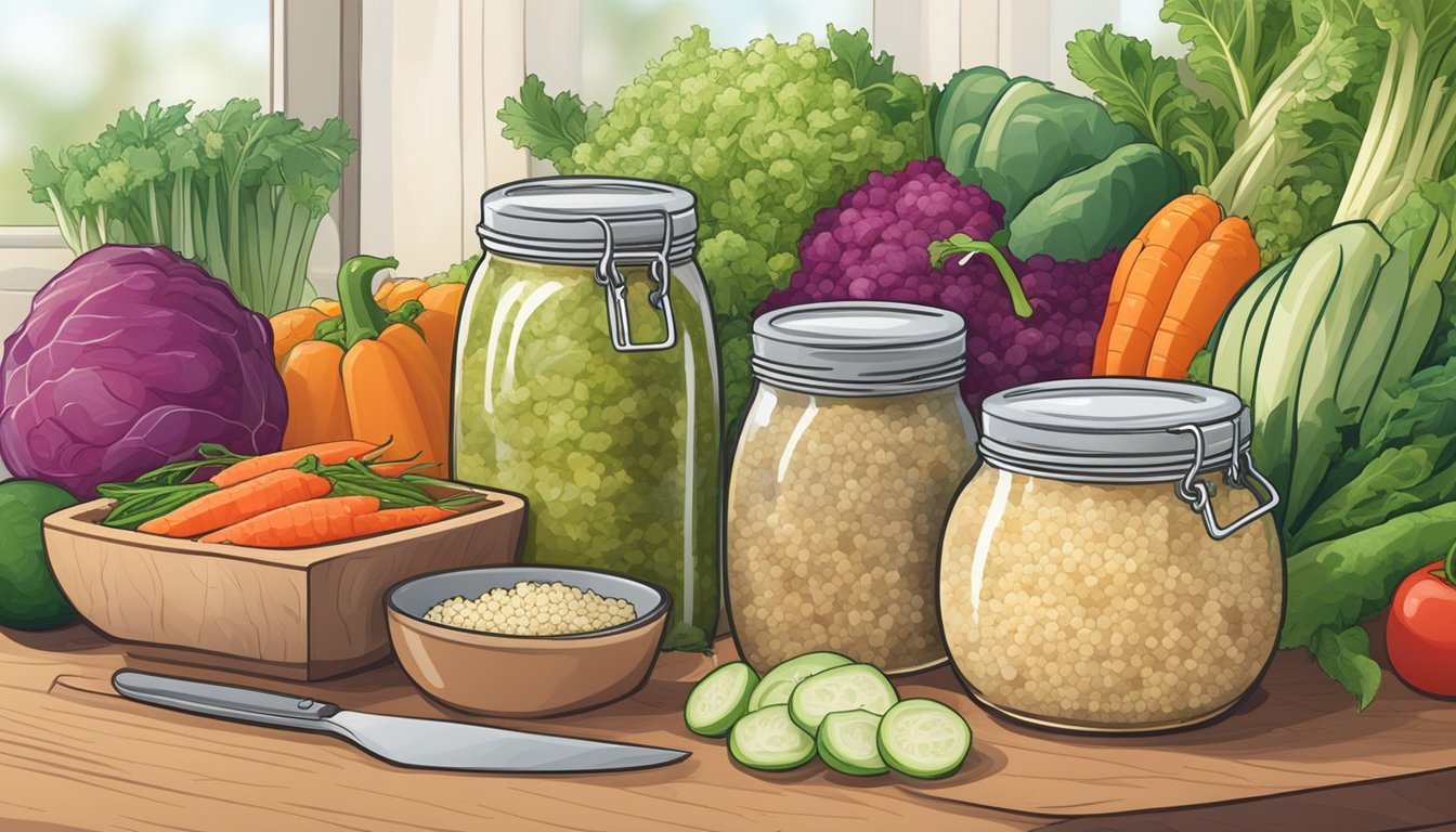 A jar of Bubbies Naturally Fermented Sauerkraut sits on a wooden cutting board surrounded by fresh vegetables and a bowl of quinoa