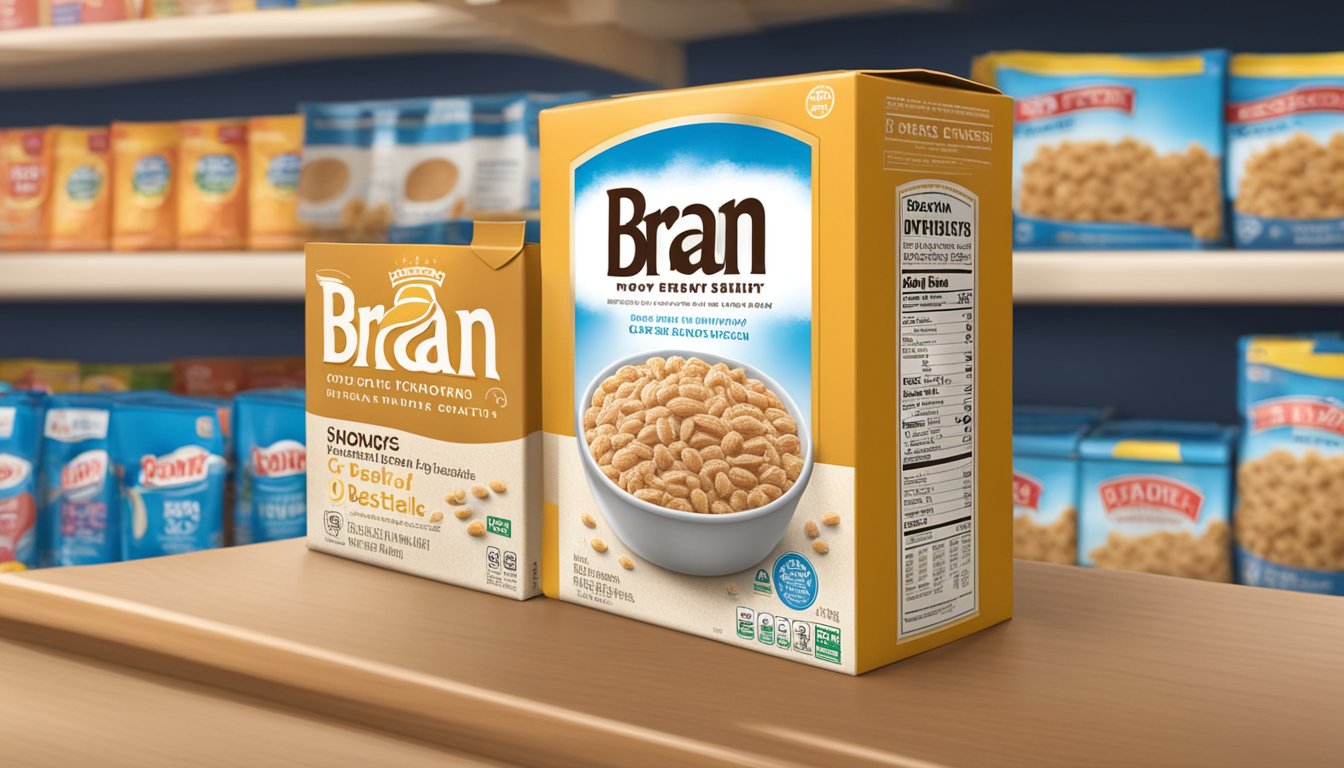 A box of bran cereal sits unopened on a pantry shelf, with a "best by" date clearly visible on the packaging