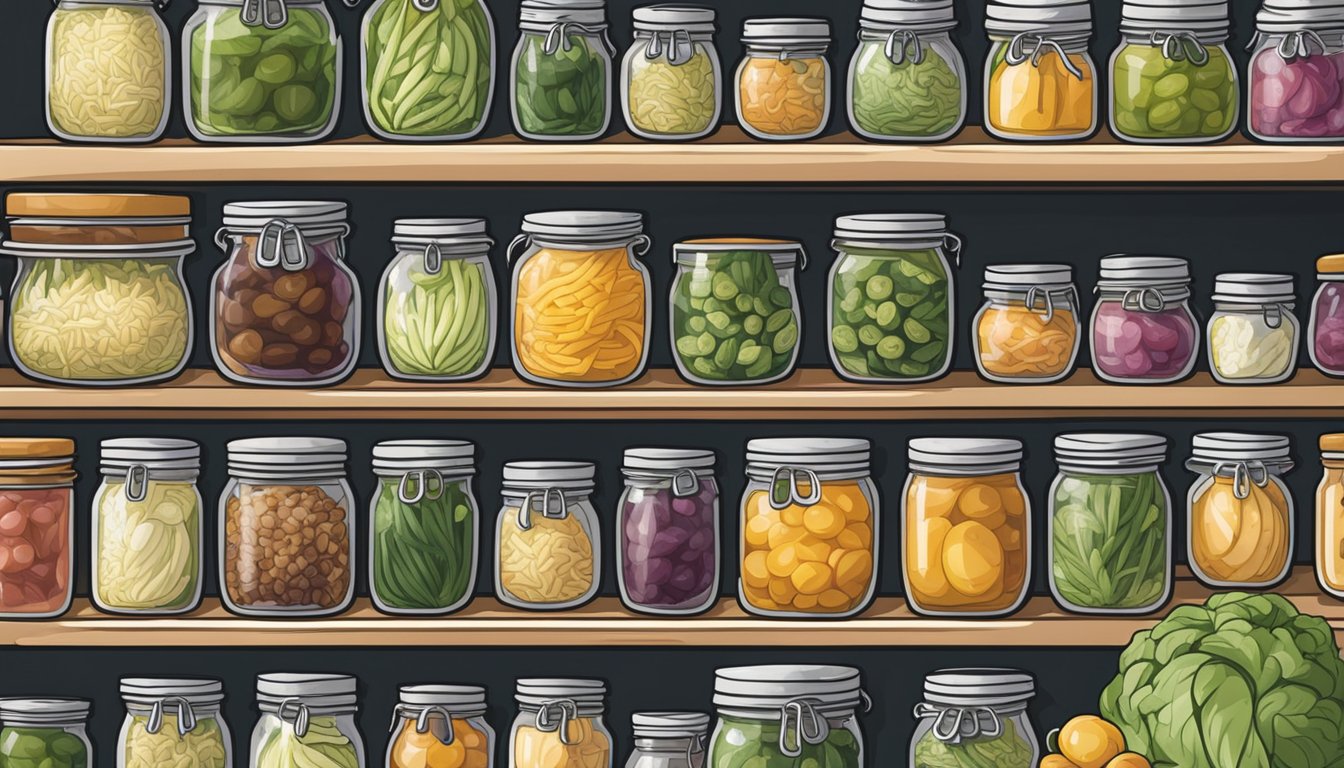 A jar of Bubbies Naturally Fermented Sauerkraut sits on a clean, organized shelf in a refrigerator, surrounded by other preserved foods