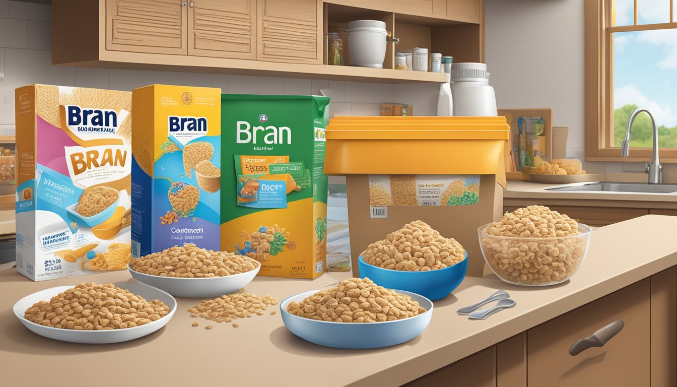 A box of bran cereal sits on a kitchen counter, surrounded by various types of cereal boxes. The expiration date on the bran cereal is visible