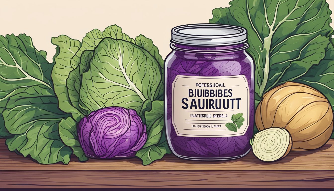 A jar of Bubbies Naturally Fermented Sauerkraut sits on a rustic wooden table, surrounded by fresh cabbage and vibrant purple cabbage leaves