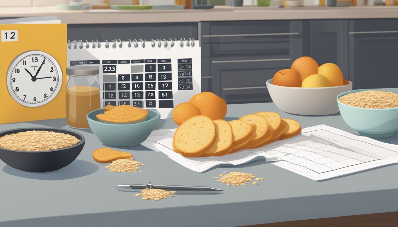 A breakfast bar sits on a kitchen counter next to a calendar, a box of oats, and a stopwatch