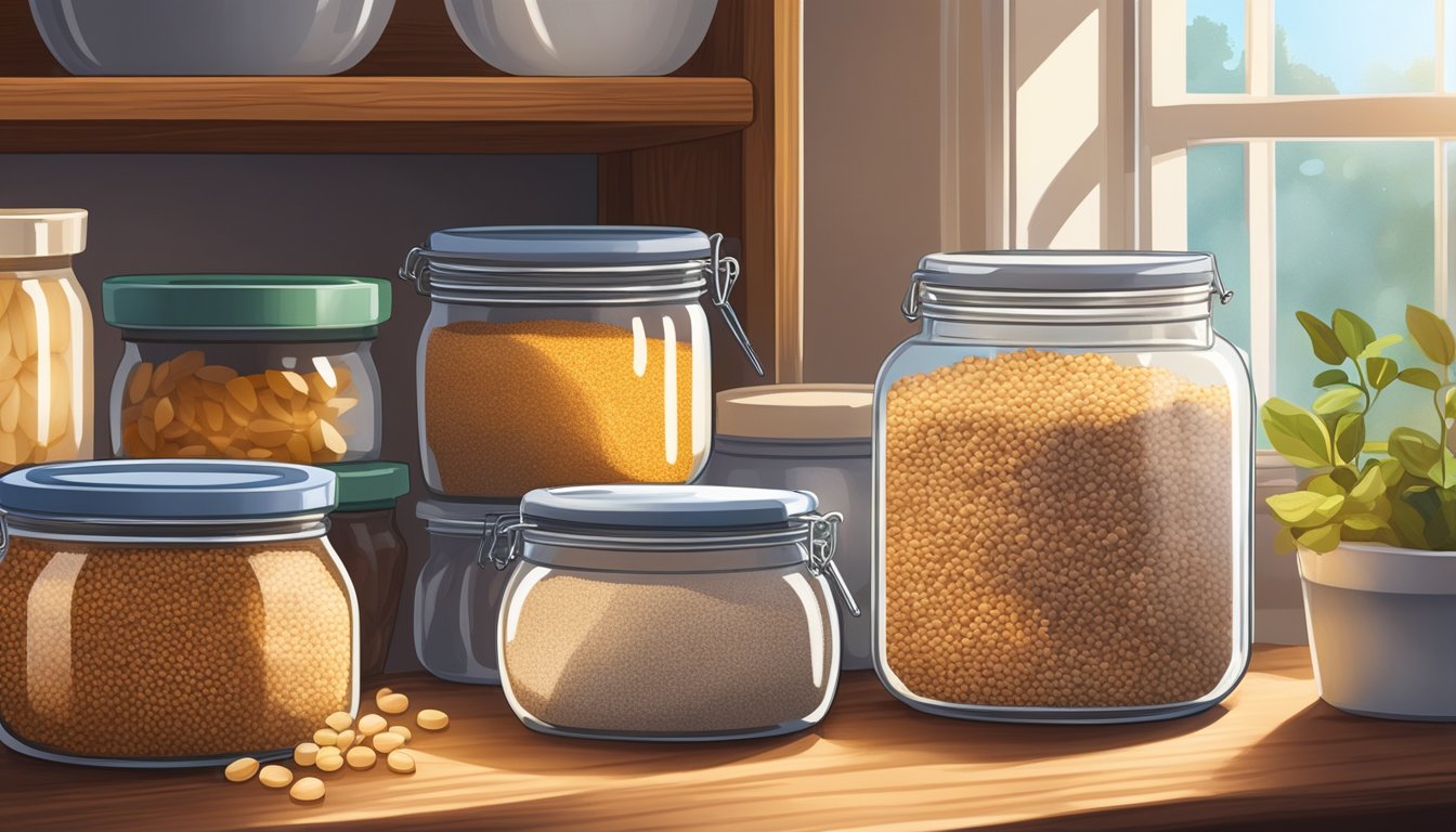 A glass jar filled with buckwheat groats sits on a wooden shelf, surrounded by other pantry staples. Sunlight streams in through a nearby window, casting a warm glow on the grains