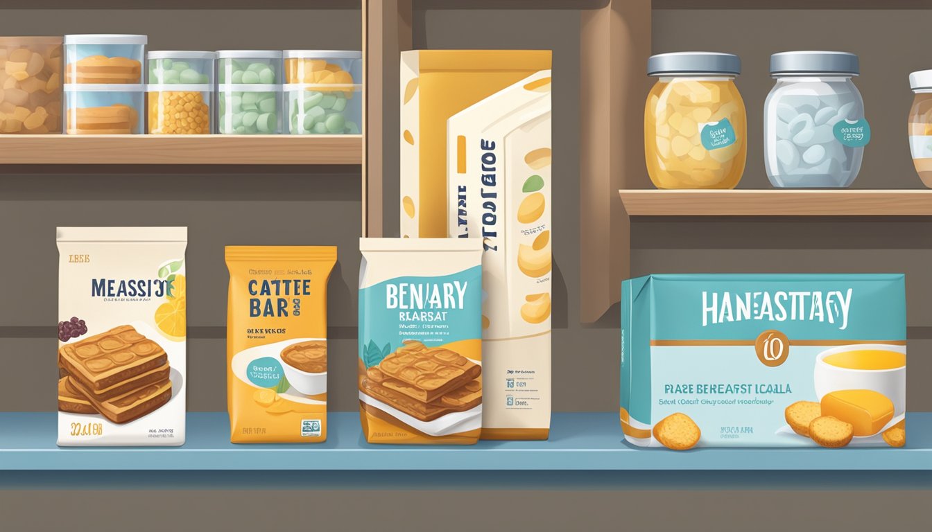 A pantry shelf with neatly stacked breakfast bars in their original packaging, alongside a calendar with a date circled