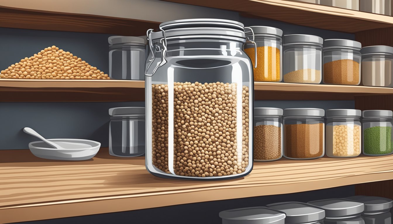 A sealed glass jar filled with buckwheat groats on a pantry shelf, away from direct sunlight and moisture