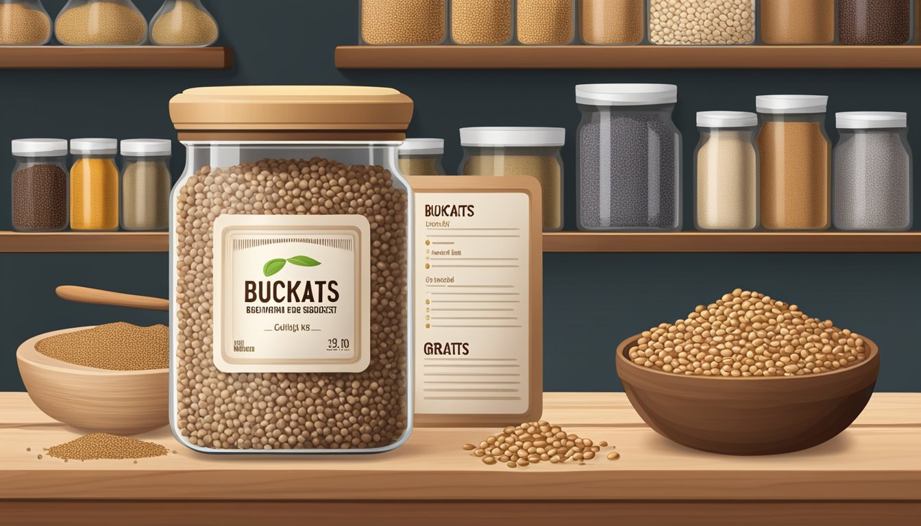 A jar of buckwheat groats sits on a wooden shelf, surrounded by other grains and beans. The label on the jar indicates the shelf life of the groats