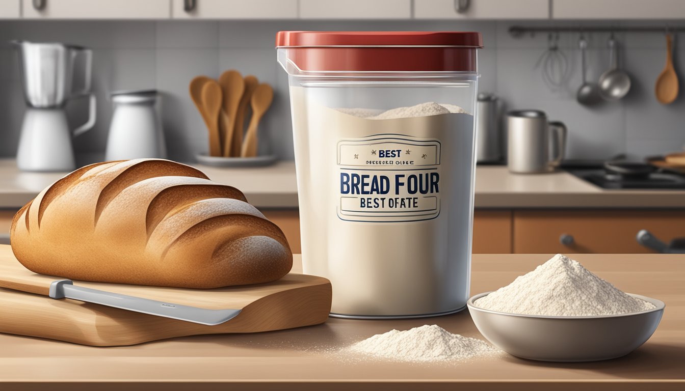 A bag of bread flour with a best before date label, a sealed container, and a measuring cup on a kitchen counter