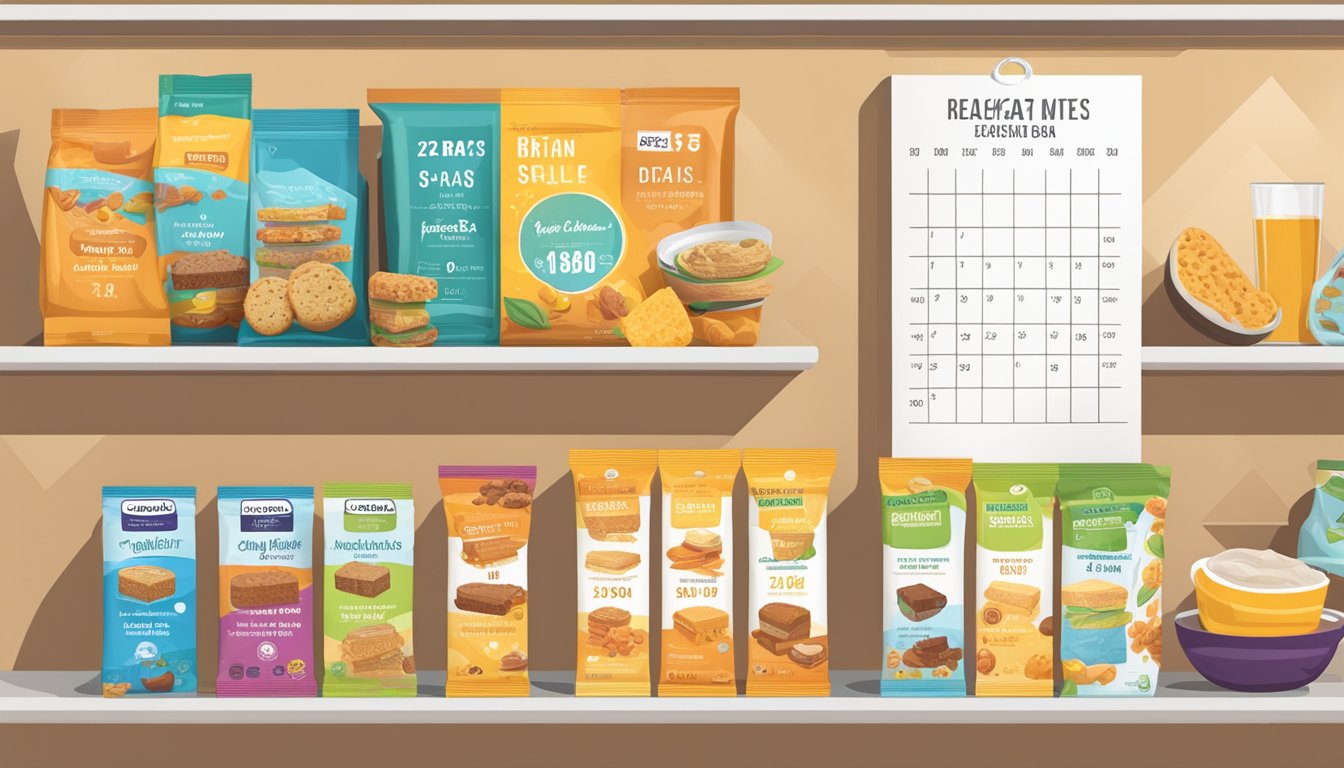 A shelf with various breakfast bars in colorful packaging, displayed alongside a calendar indicating expiration dates