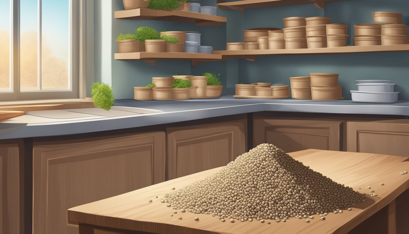 A pile of buckwheat groats with mold growing on some of them, sitting in a pantry with a calendar on the wall