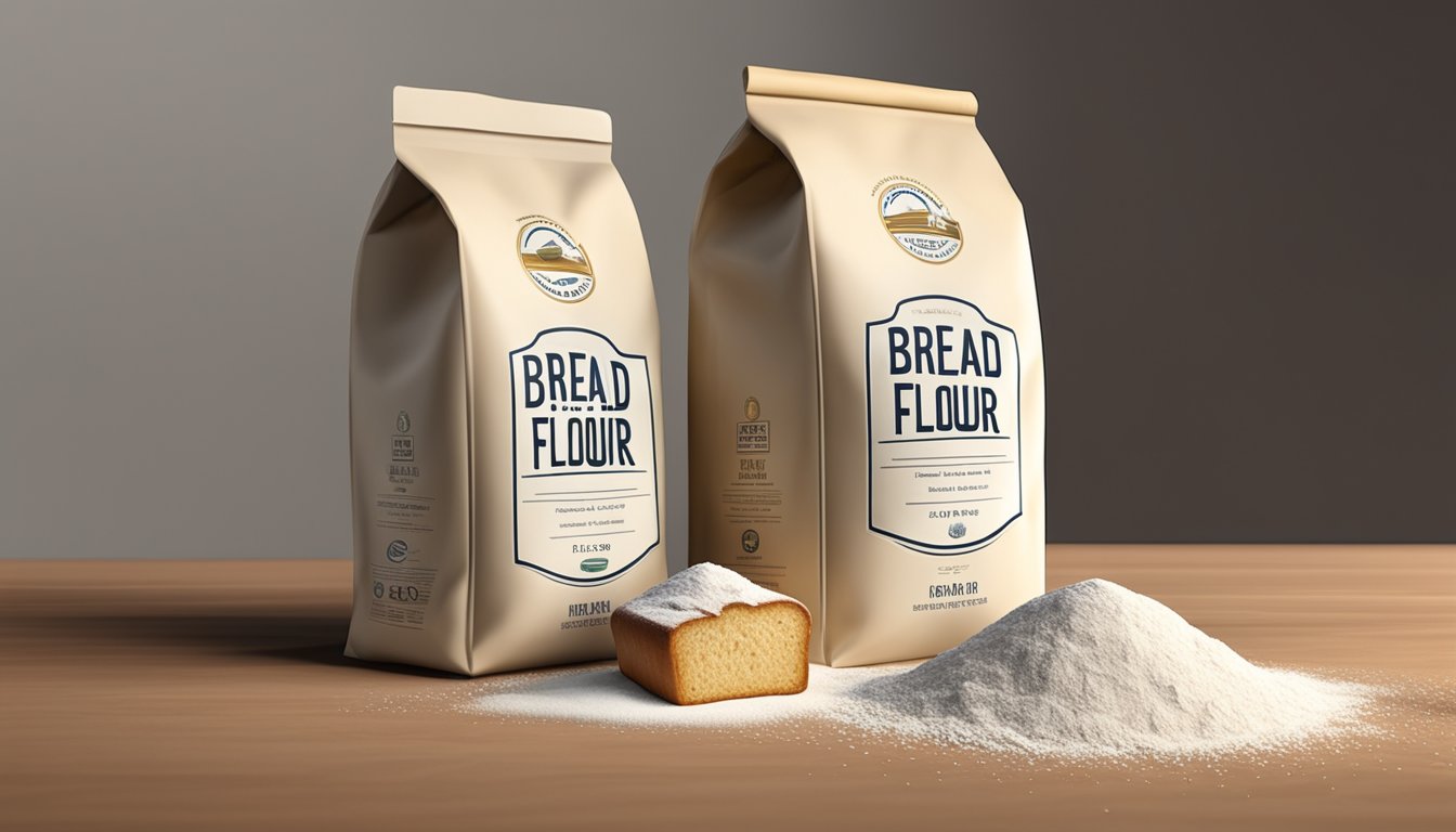 A bag of bread flour sits next to other flours, showing a clear contrast in texture and color, hinting at its longer shelf life