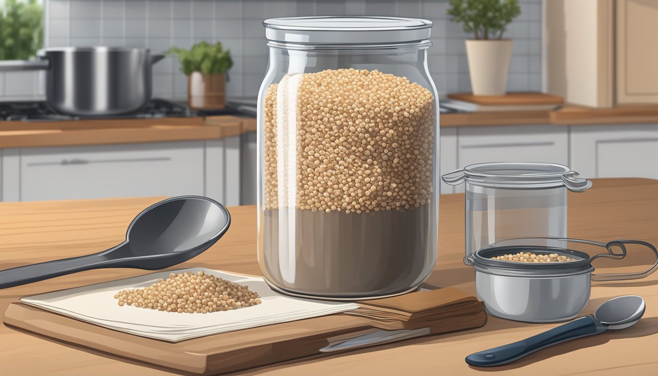 A jar of buckwheat groats sits on a kitchen counter, next to a measuring spoon and a recipe book. The groats are fresh and dry, ready to be used in a culinary creation