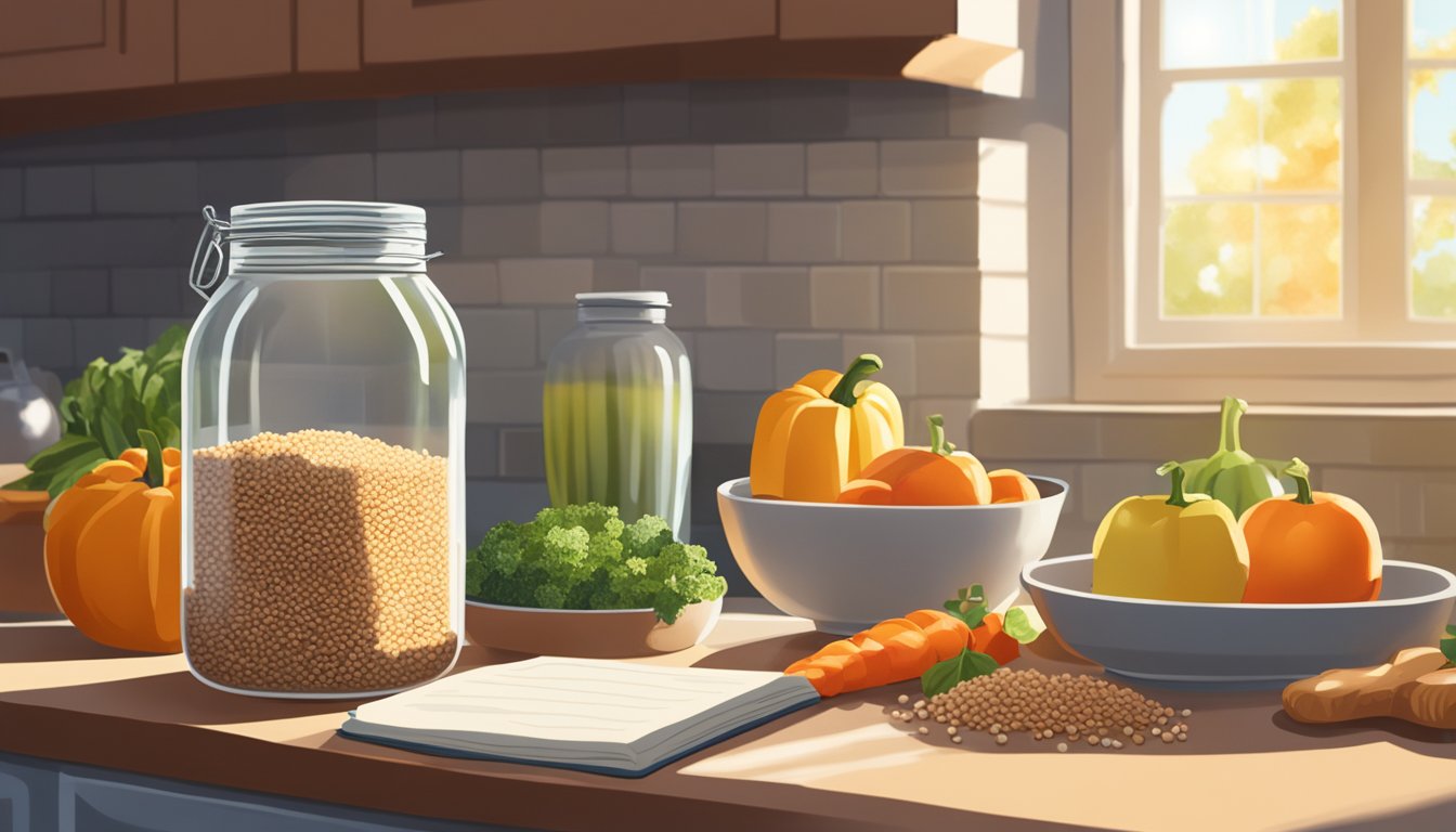 A glass jar filled with buckwheat groats sits on a kitchen counter, surrounded by fresh produce and a cookbook. The sunlight streams in through the window, casting a warm glow on the scene