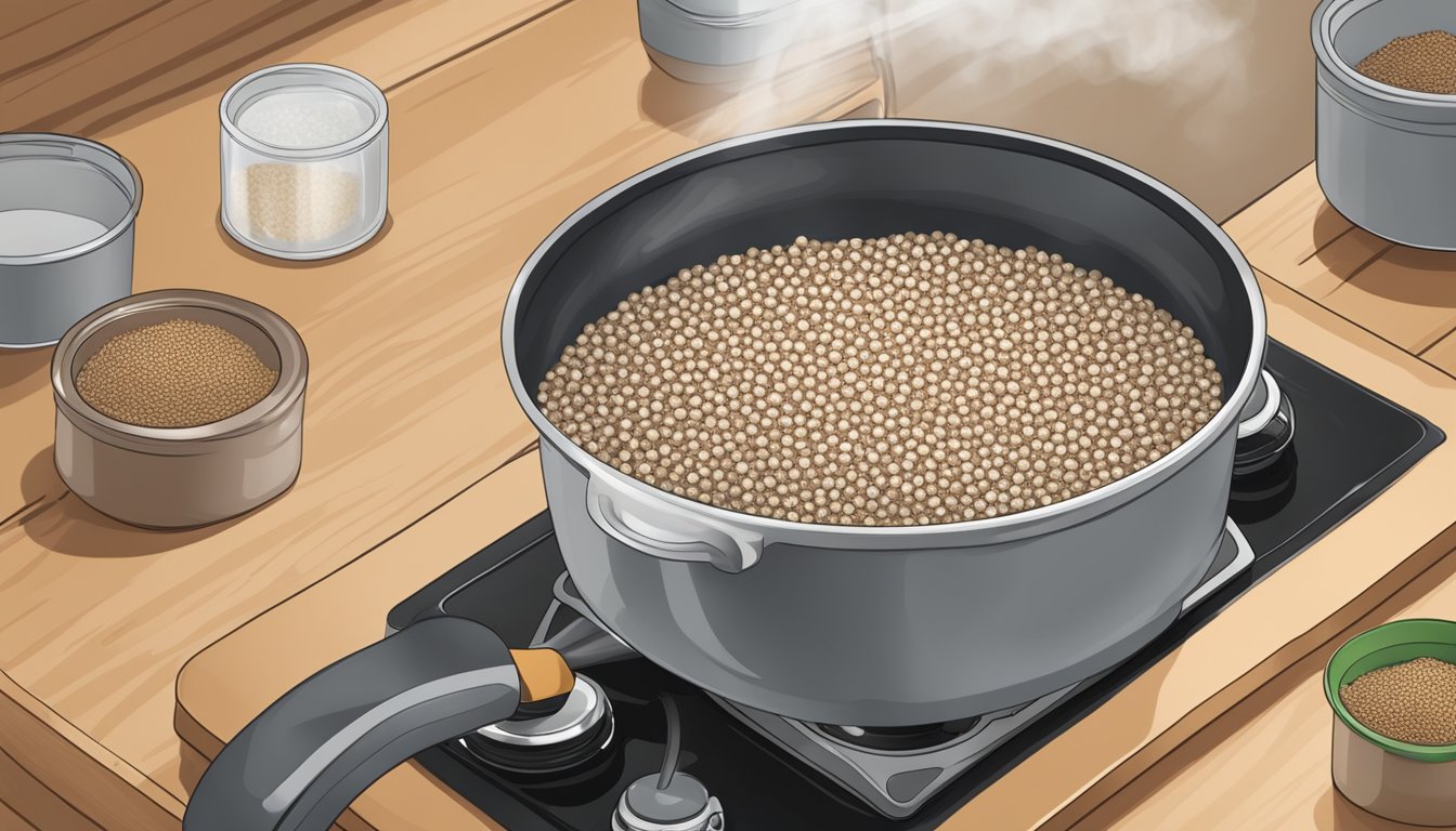 A hand pouring buckwheat groats from a clear, sealed package into a pot of boiling water on a stove