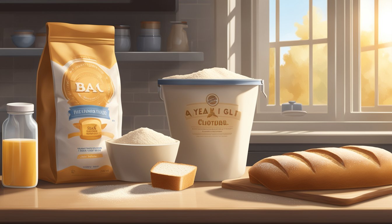 A bag of bread flour sits on a kitchen counter next to a sealed container of yeast and a measuring cup. The sunlight streams through the window, casting a warm glow on the ingredients