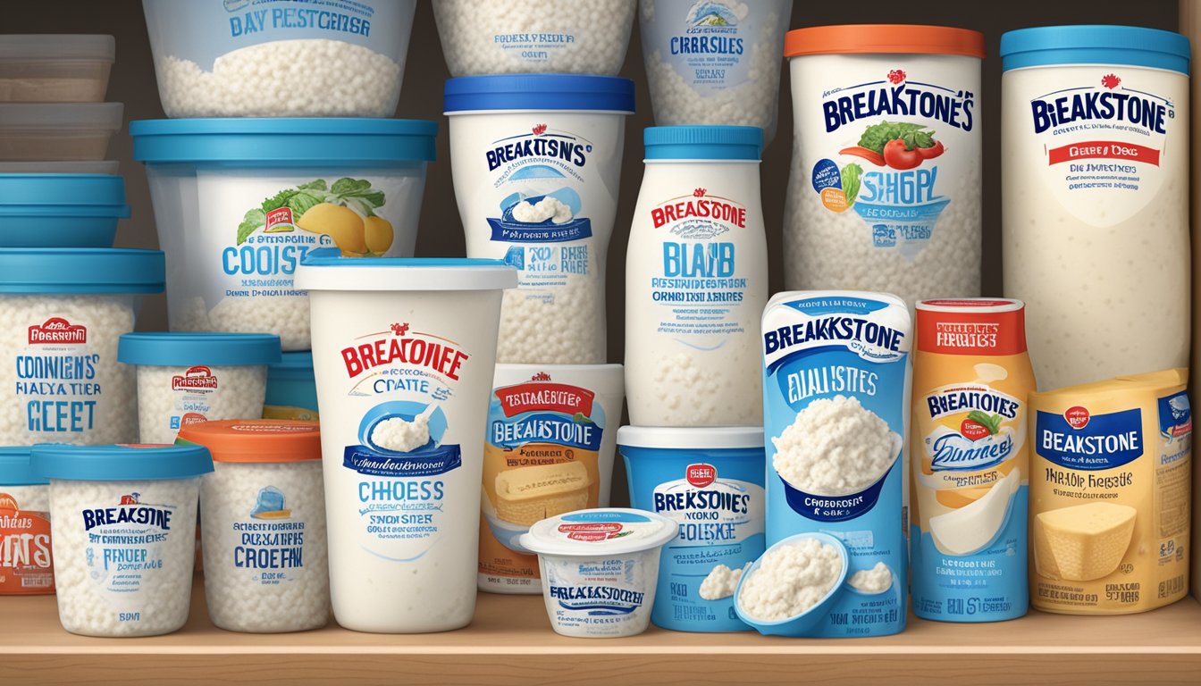 A container of Breakstone's Cottage Cheese sits unopened in a refrigerator, surrounded by other dairy products. The expiration date is visible on the label