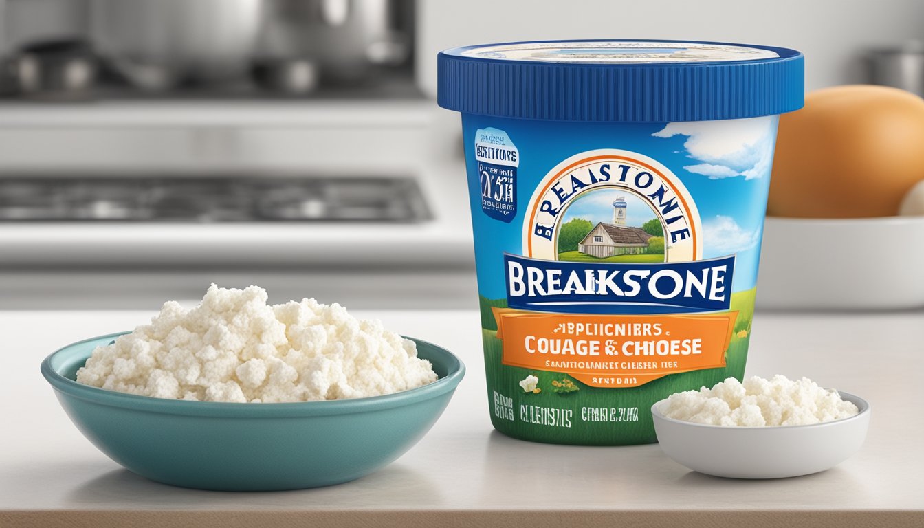 A container of Breakstone's Cottage Cheese sits on a kitchen counter, surrounded by a calendar and a clock, with the expiration date clearly visible