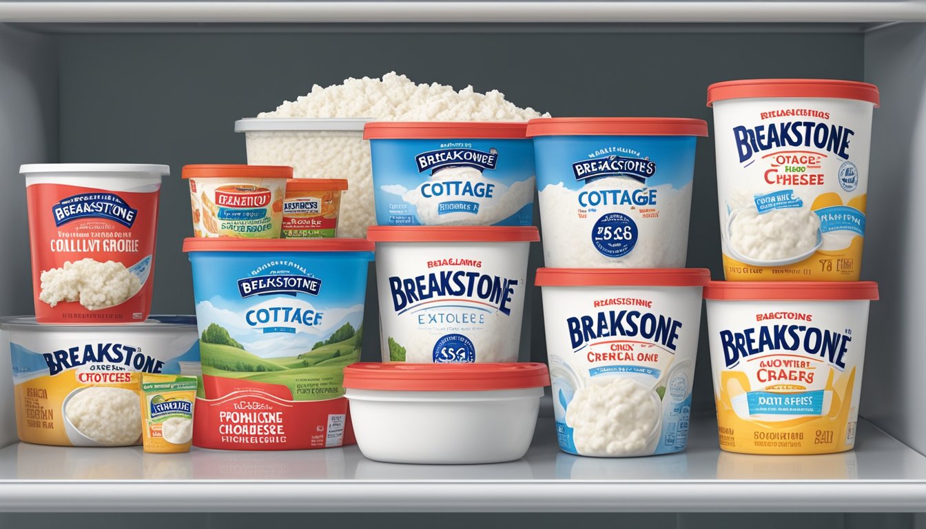 A container of Breakstone's Cottage Cheese sits in a refrigerator next to other dairy products. The expiration date is clearly visible on the label