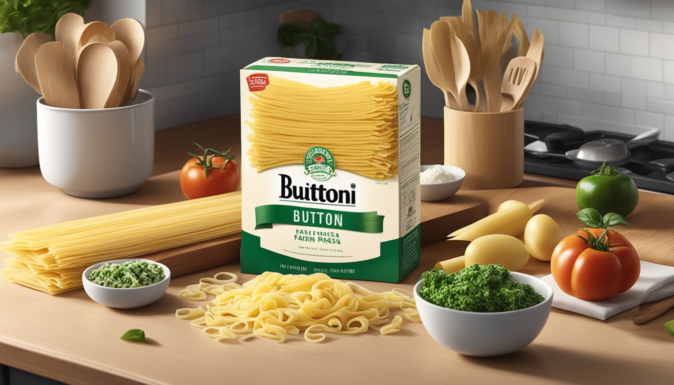 A package of Buitoni Fresh Pasta sits unopened on a clean, well-lit kitchen counter, surrounded by fresh ingredients and cooking utensils