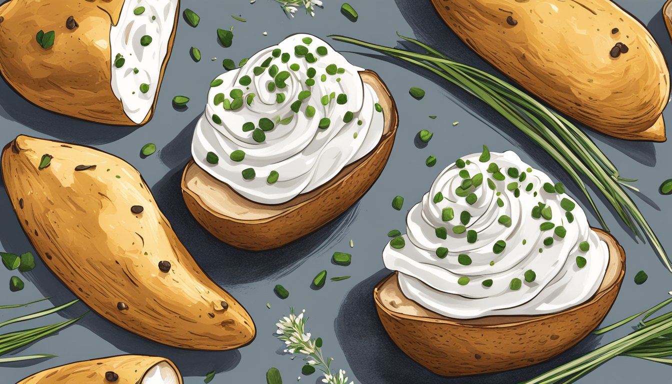 A dollop of sour cream sits atop a freshly made baked potato, surrounded by a few scattered chives and a sprinkle of black pepper