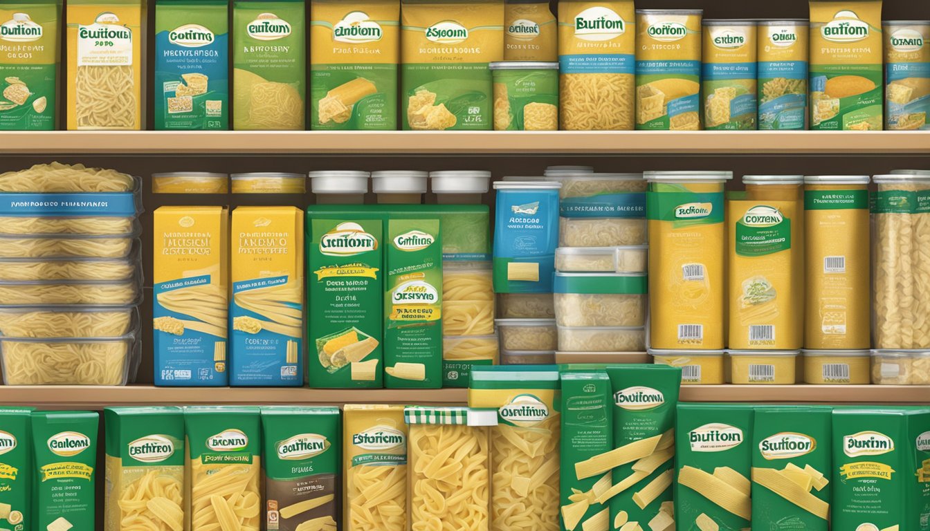 A kitchen pantry with neatly organized shelves of Buitoni fresh pasta packages, labeled with expiration dates