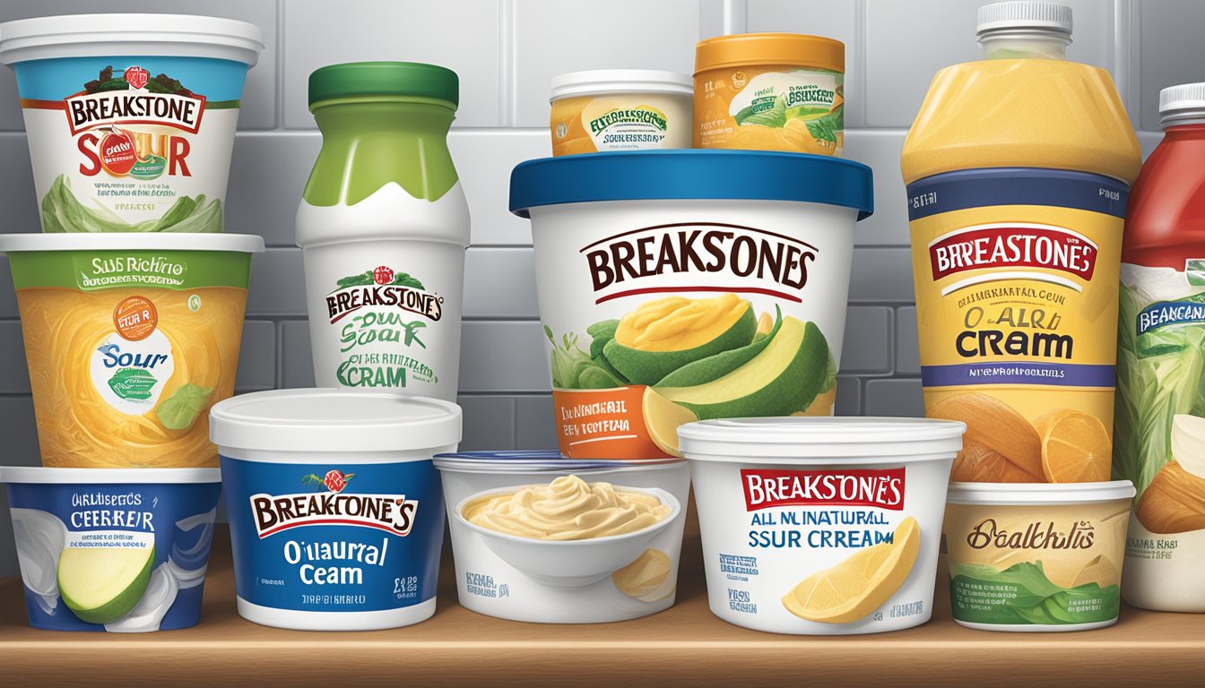 A tub of Breakstone's All Natural Sour Cream sits on a refrigerator shelf, surrounded by other food items