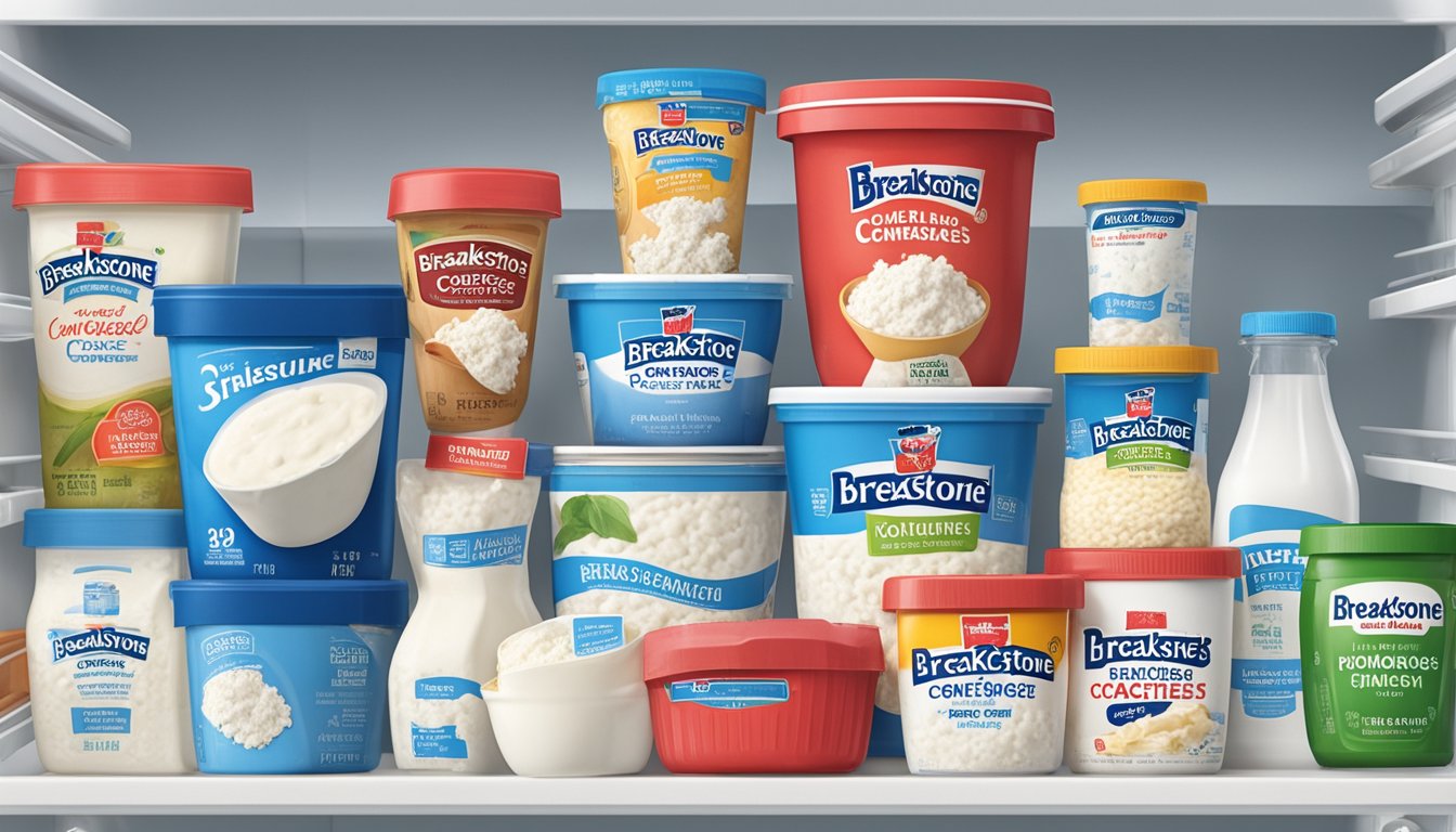 A container of Breakstone's Cottage Cheese sits on a refrigerator shelf, surrounded by other dairy products. The label indicates the expiration date