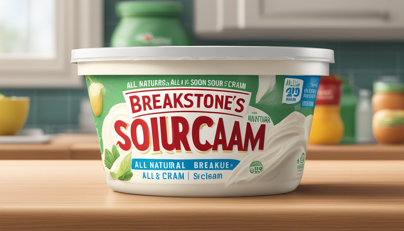 A carton of Breakstone's All Natural Sour Cream sits on a kitchen counter, with a visible expiration date and a few small spots of mold forming on the surface