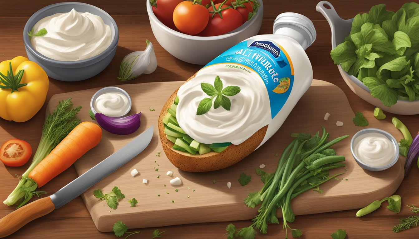 A dollop of Breakstone's All Natural Sour Cream sits atop a freshly baked potato, surrounded by colorful vegetables and herbs on a wooden cutting board