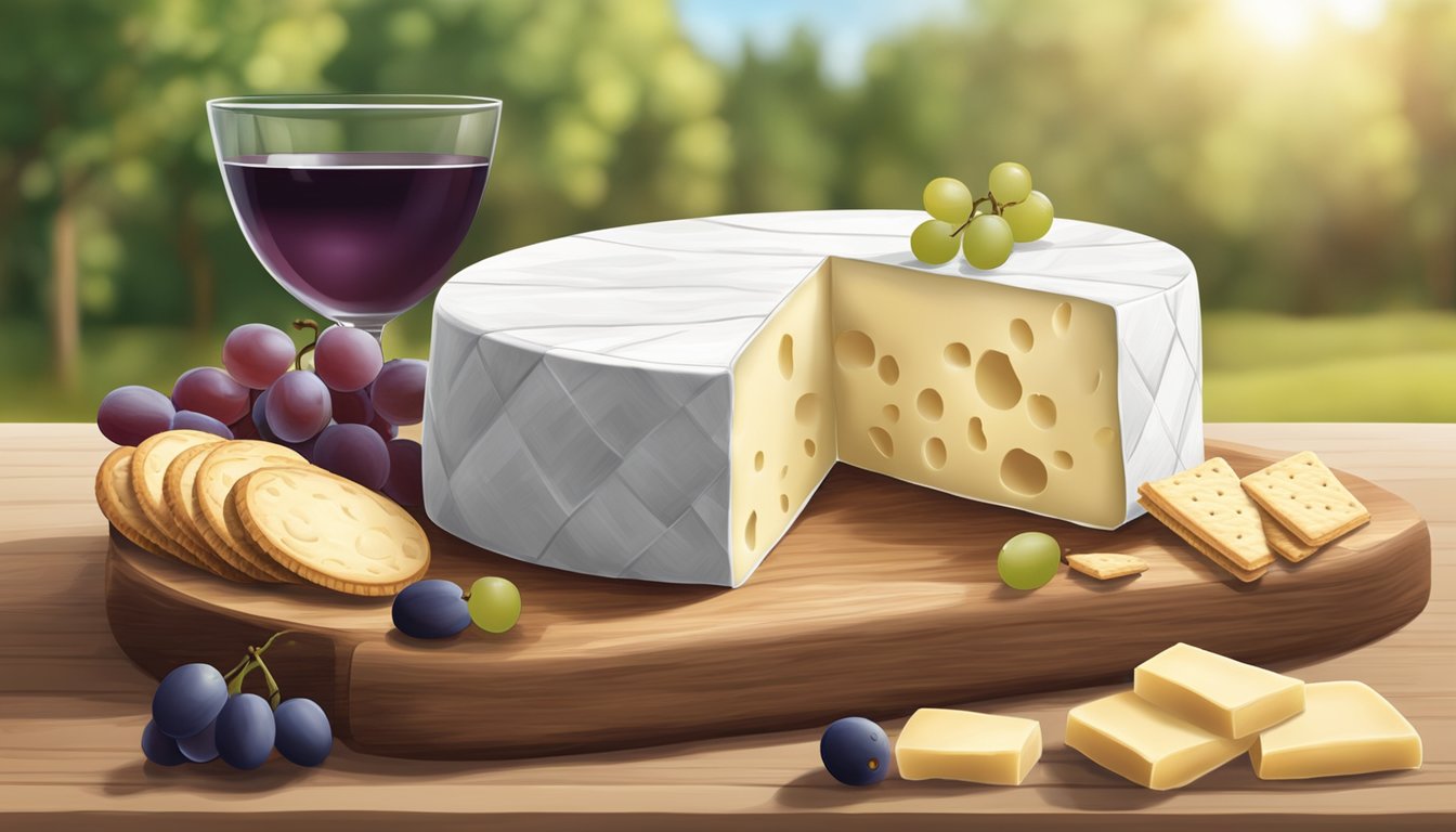 A wheel of brie cheese sits on a wooden cutting board, surrounded by grapes and crackers. The cheese is creamy and slightly ripened, with a soft white rind