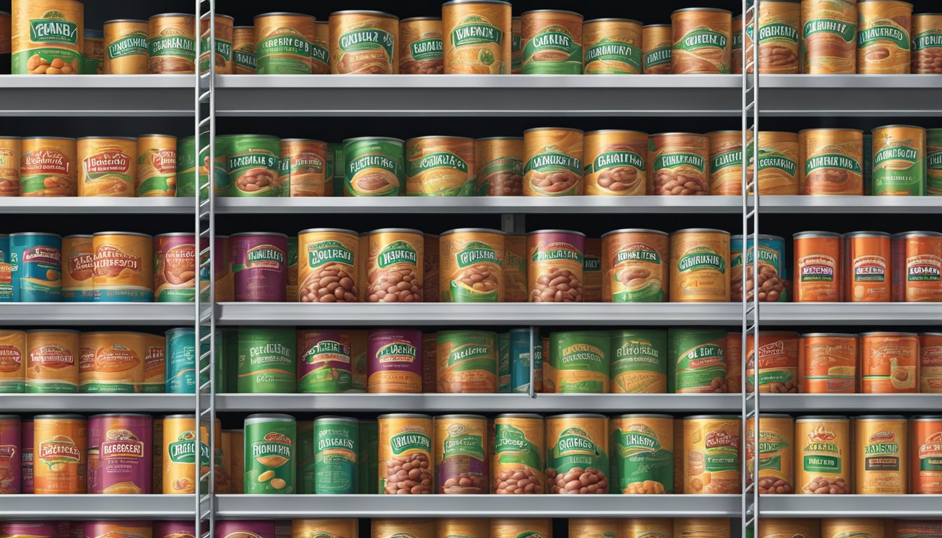 A pantry shelf with neatly organized rows of Bush's Baked Beans cans, with a cool, dry environment