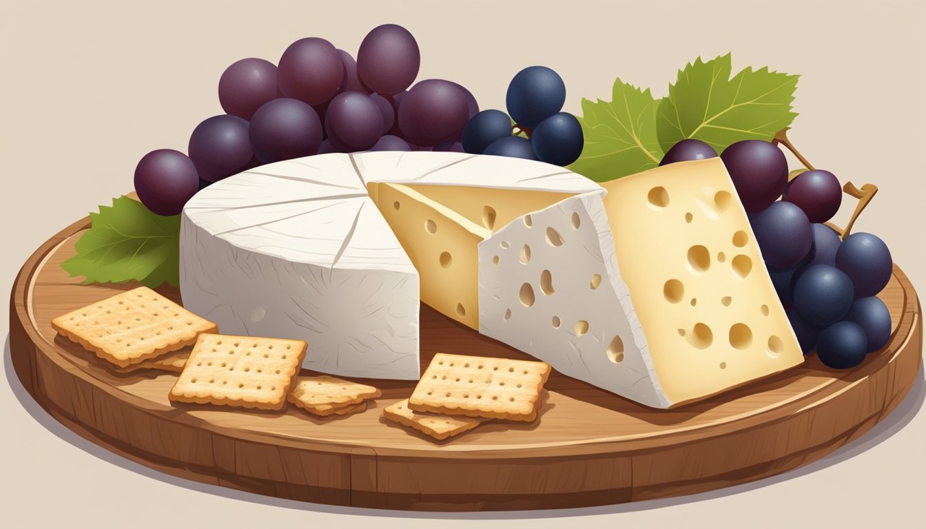 A wheel of brie sits on a wooden cutting board, surrounded by grapes and crackers. The cheese is covered with a thin white rind and has a creamy interior