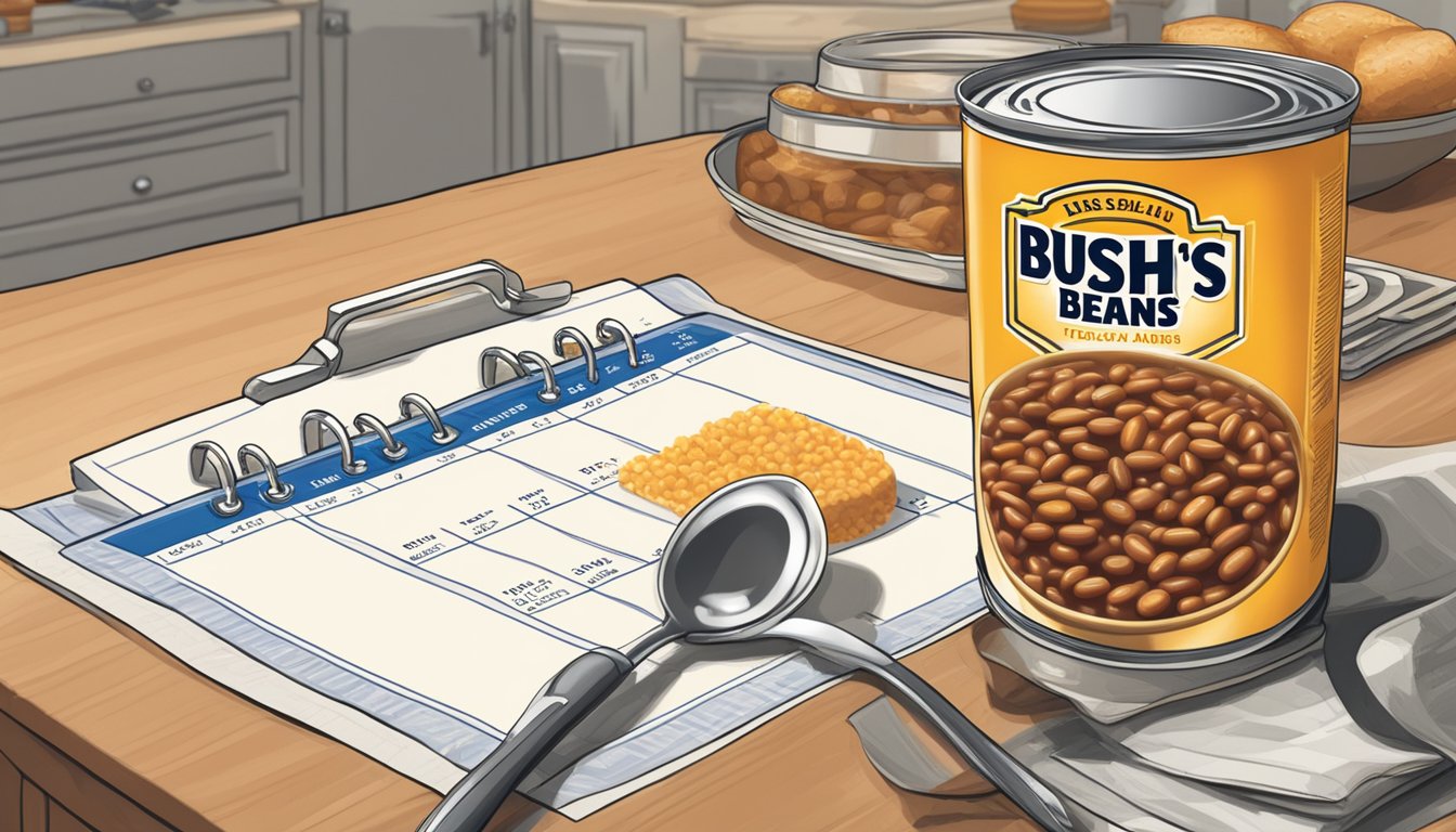 A can of Bush's Baked Beans sits on a kitchen counter, surrounded by a calendar and a clock, with a question mark hovering above it