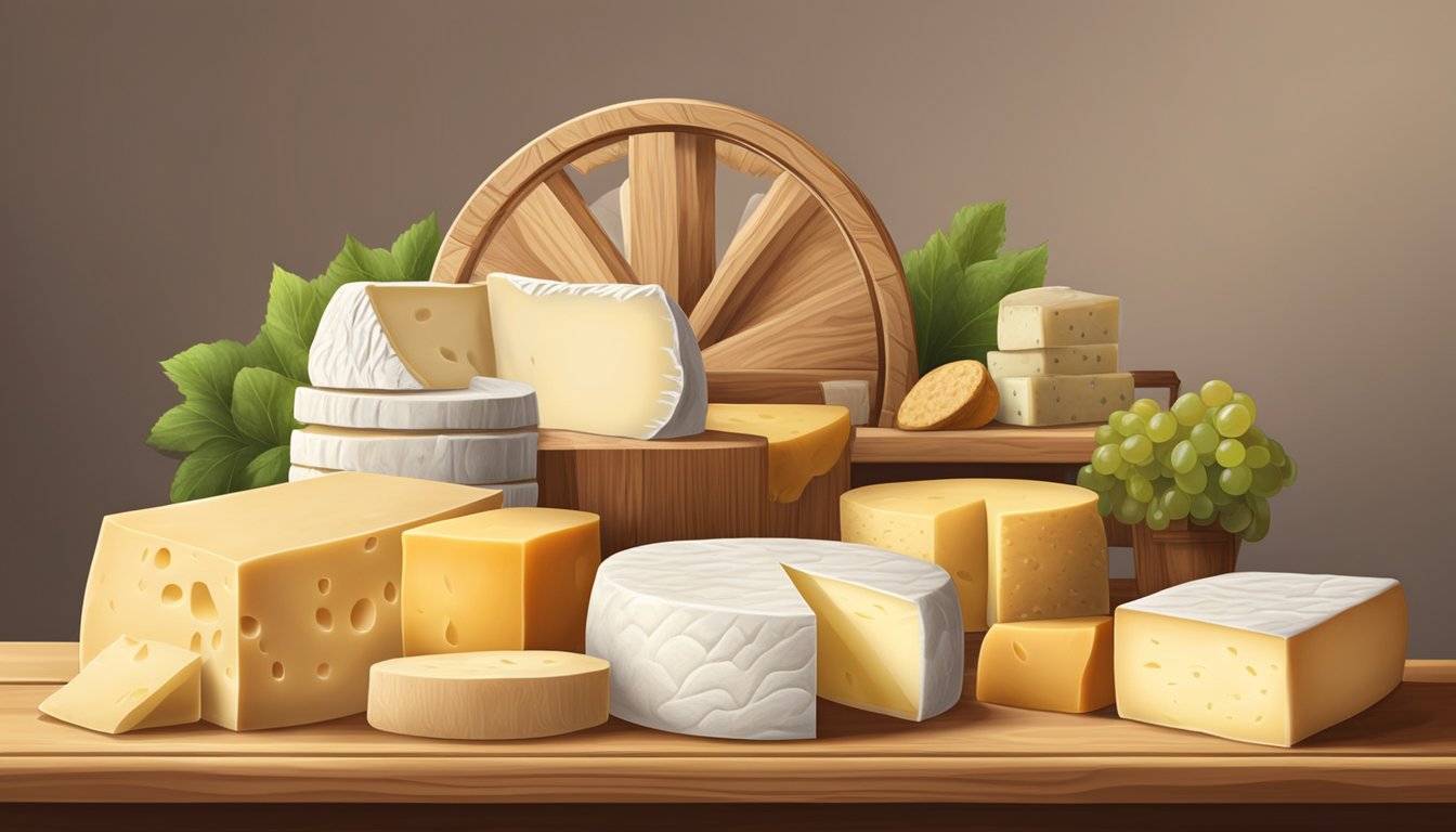 A wheel of brie cheese sits on a wooden shelf, surrounded by other gourmet cheeses. The soft, creamy texture of the brie suggests it is at its peak freshness