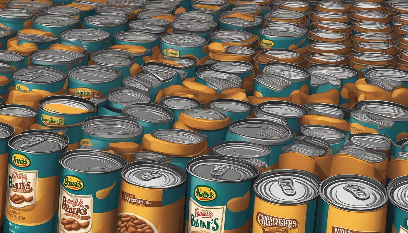 A pantry shelf filled with cans of Bush's Baked Beans, some with expiration dates clearly visible