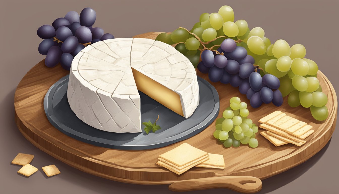 A wheel of brie sits on a wooden cutting board, surrounded by grapes and crackers. The brie shows signs of mold and spoilage