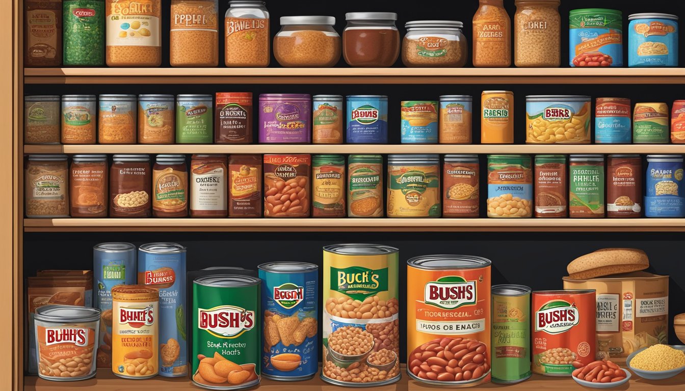 A pantry shelf with a can of Bush's Baked Beans, surrounded by other non-perishable food items