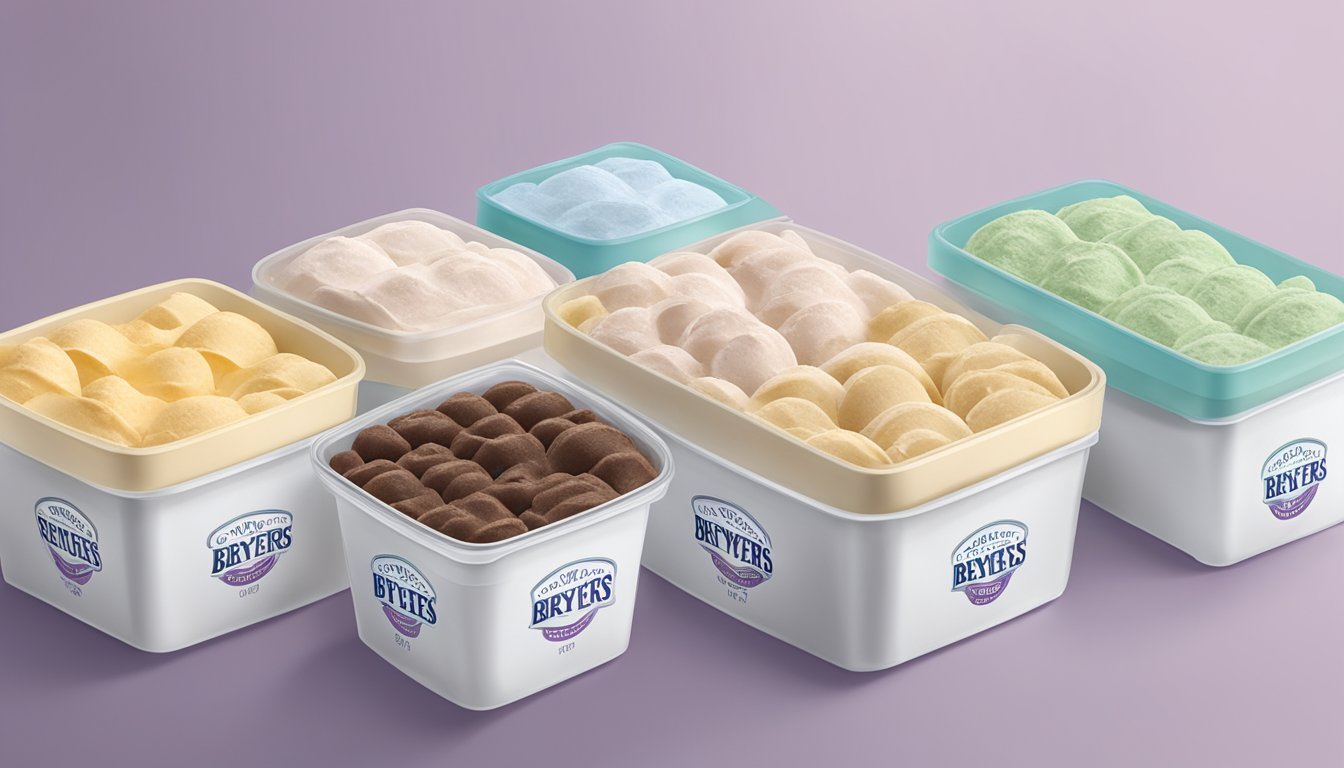 A freezer with neatly organized Breyers Ice Cream containers, labeled with expiration dates