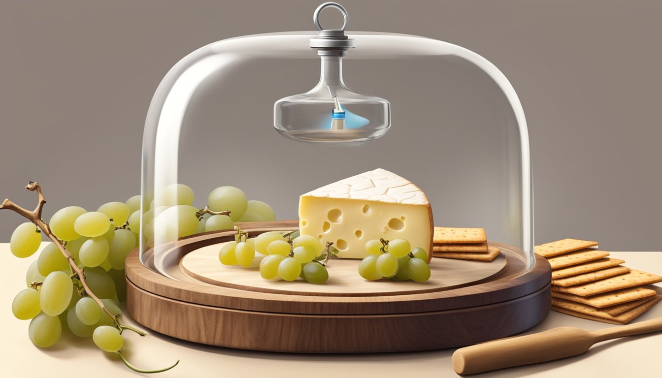 A wheel of brie sits on a wooden cheese board, surrounded by grapes and crackers. A glass dome covers the cheese, with a small thermometer nearby