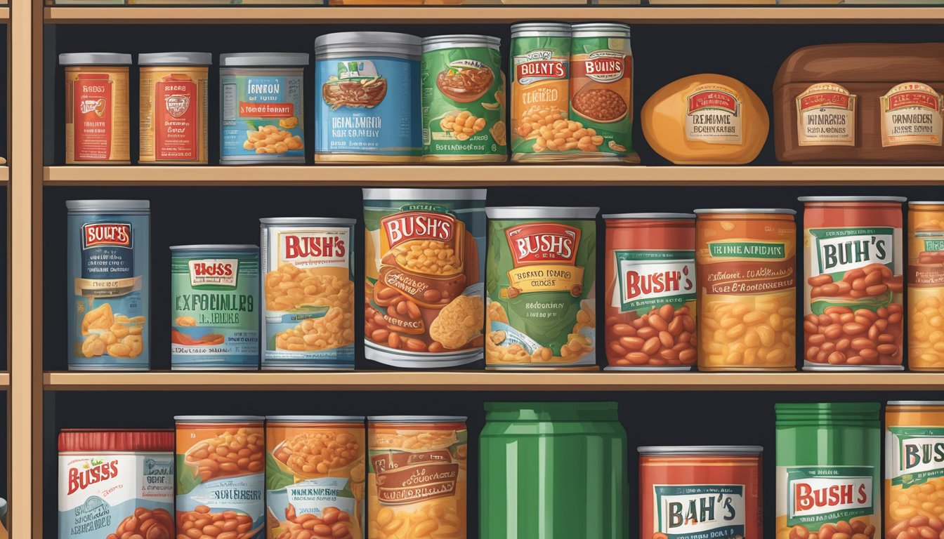 A pantry shelf with a can of Bush's Baked Beans, a calendar, and a labeled expiration date