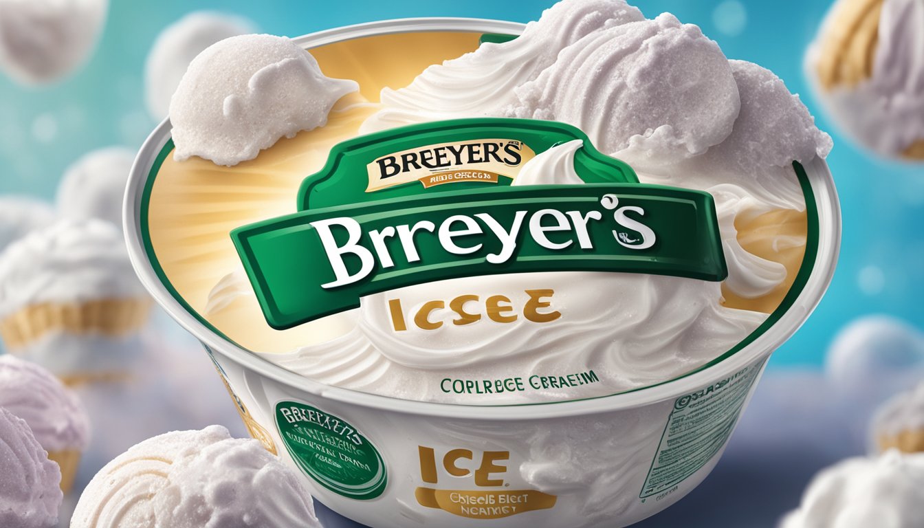 An open carton of Breyers Ice Cream with visible signs of freezer burn and ice crystals forming on the surface