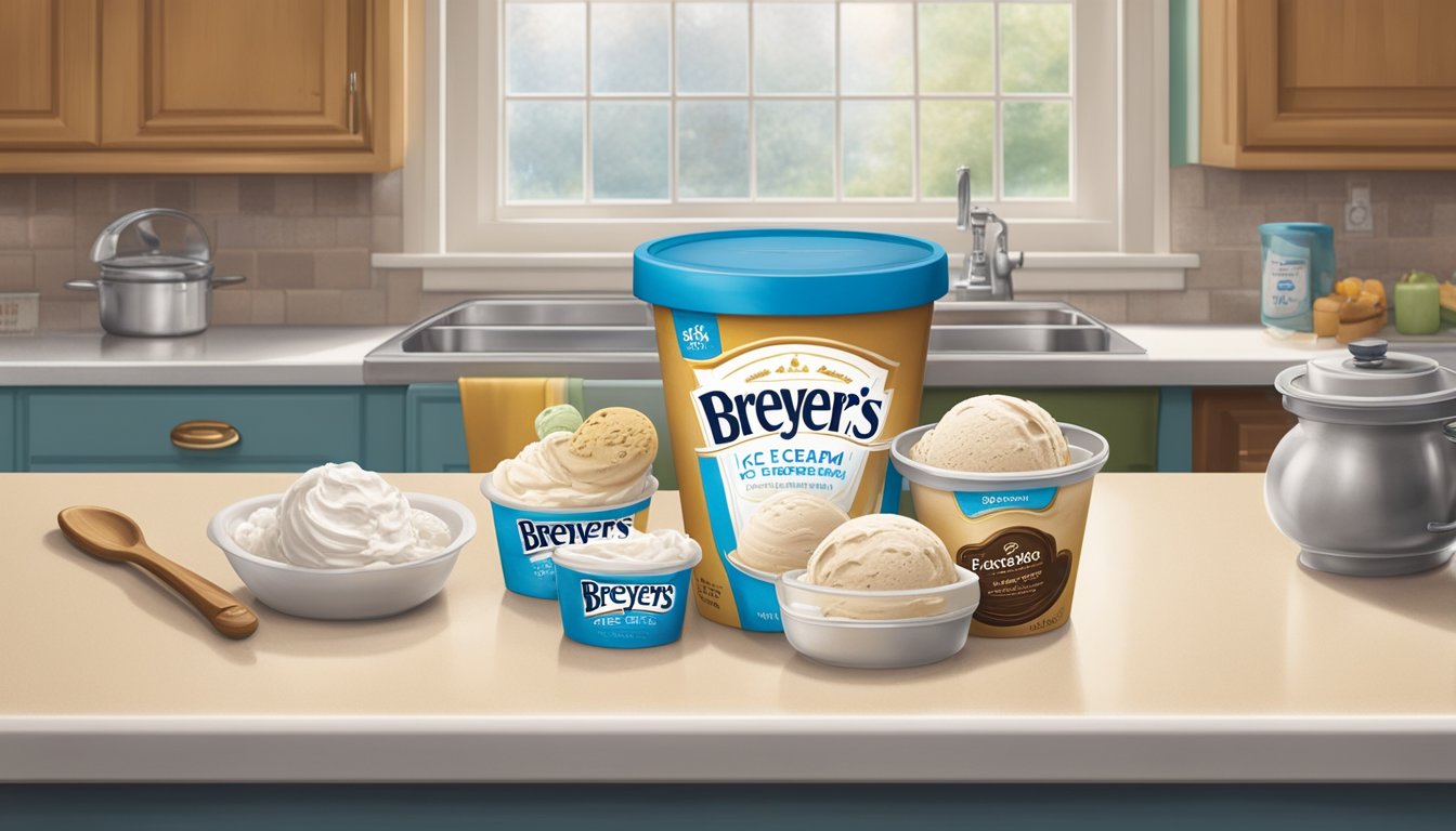 A half-opened container of Breyers Ice Cream sits on a kitchen counter, surrounded by a calendar and a clock, with the ice cream appearing untouched