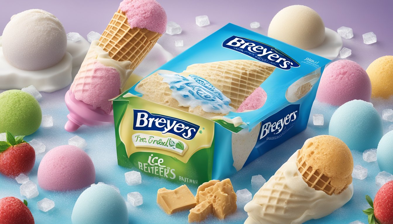 A carton of Breyers Ice Cream sits in a freezer, surrounded by frozen treats and ice crystals