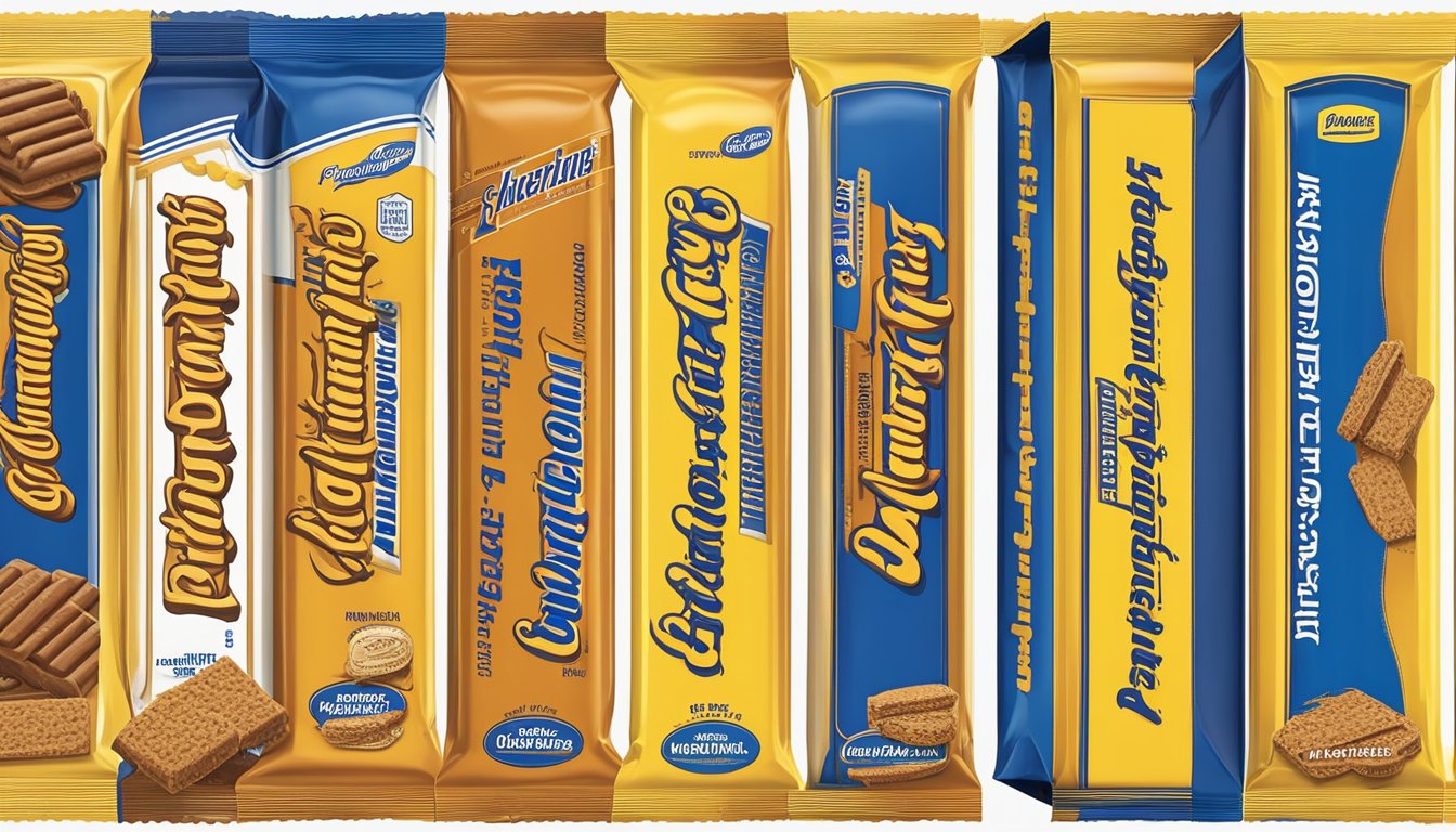 A timeline of Butterfinger packaging from the 1920s to present day, with various iterations displayed in chronological order